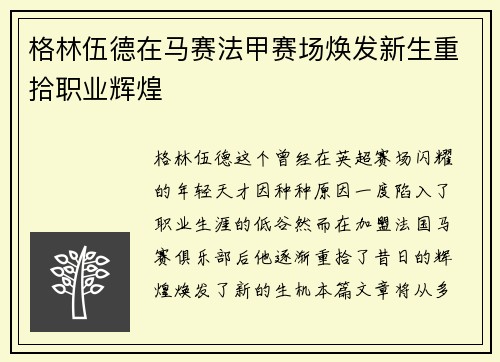 格林伍德在马赛法甲赛场焕发新生重拾职业辉煌