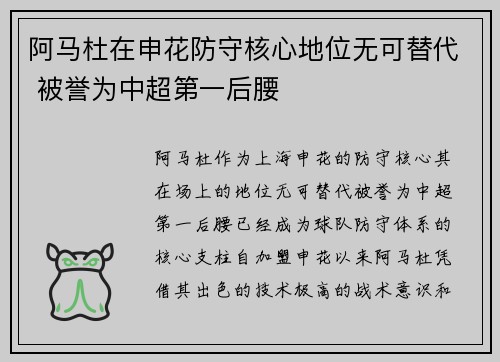 阿马杜在申花防守核心地位无可替代 被誉为中超第一后腰