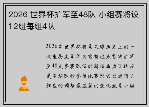 2026 世界杯扩军至48队 小组赛将设12组每组4队 2026 世界杯扩军至48队 小组赛将设12组每组4队