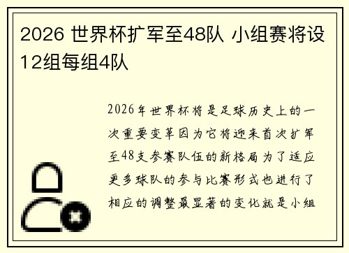 2026 世界杯扩军至48队 小组赛将设12组每组4队